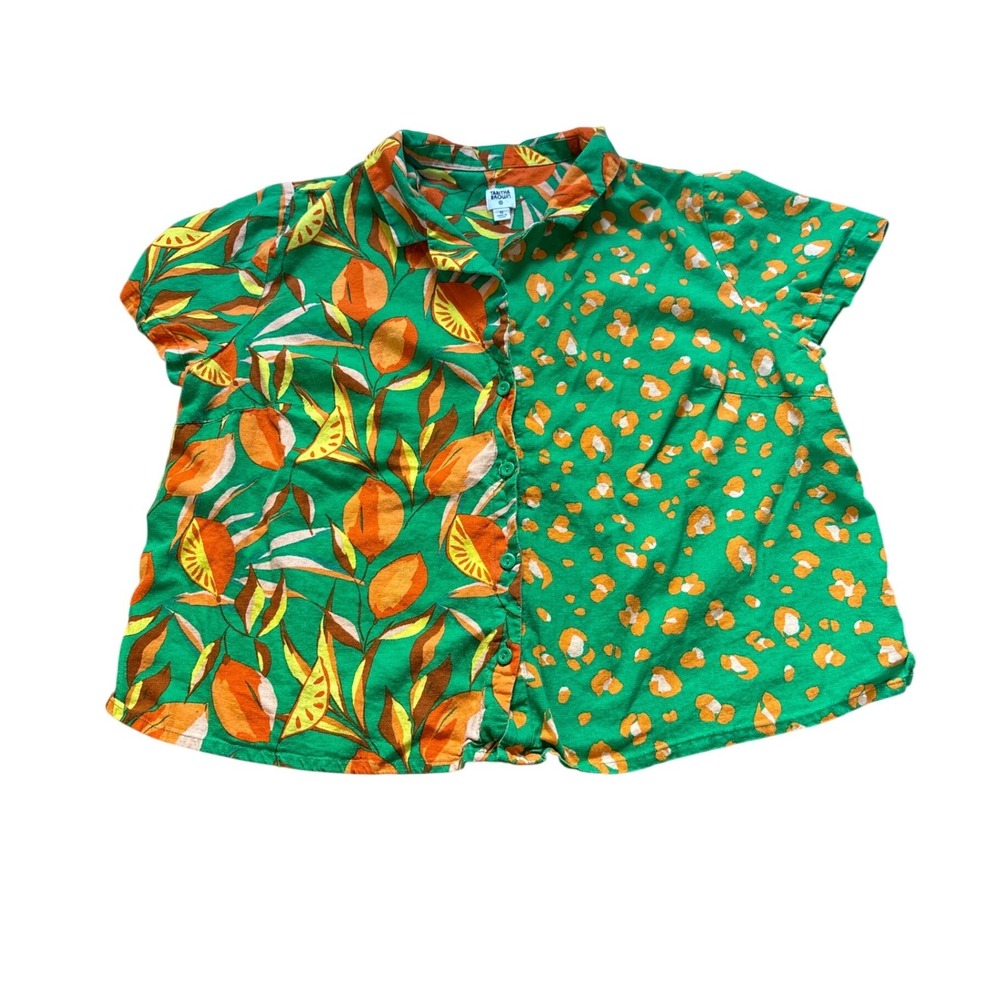 Tabitha Brown‎ Button Down Shirt Womens Green Mixed Print Linen Blend SIZE 1X